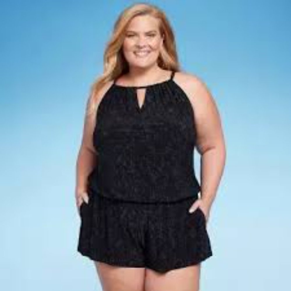 High Neck Swim Romper Pockets One Piece Black Swimsuit Aqua Green Size 16W